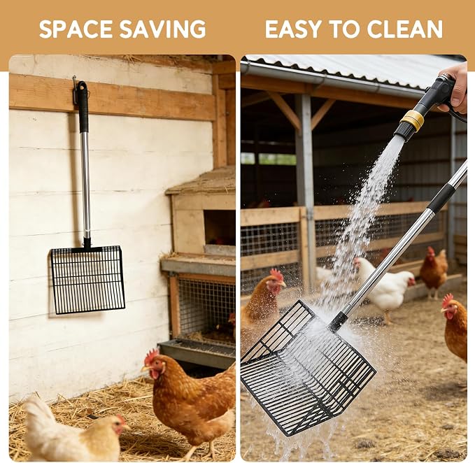 Cat Litter Scoop, Long Handle Detachable Metal Scooper with Deep Sifting Shovel,Heavy Duty Adjustable No Bending Back Pet Poop Shovel Chicken Poop Scooper (23-68 inch (Joinable Handle))