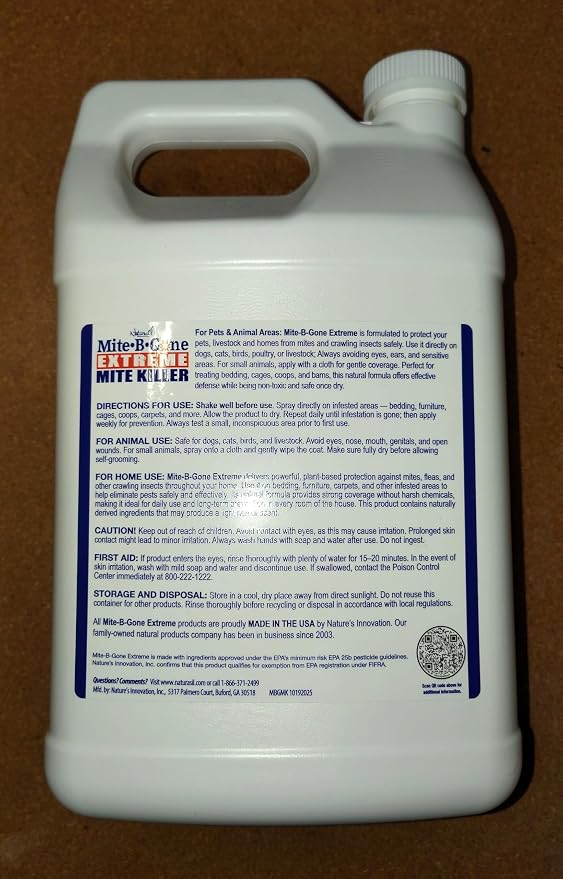 Mite-B-Gone Extreme Mite Killer Spray – 1 Gallon (128 oz) | Extra-Strength Plant-Based Formula | Safe for Homes, Pets & Livestock Areas | for Coops, Barns, Bedding & Carpets