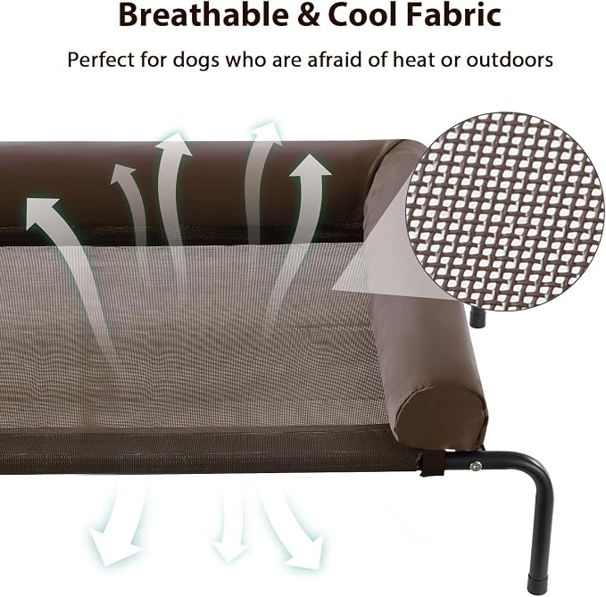 Cooling Elevated Dog Bed for Large Dogs – Waterproof Raised Dog Cot with Slope Headrest, Breathable Teslin Mesh, Durable & Portable Pet Bed for Indoor and Outdoor Use, Brown