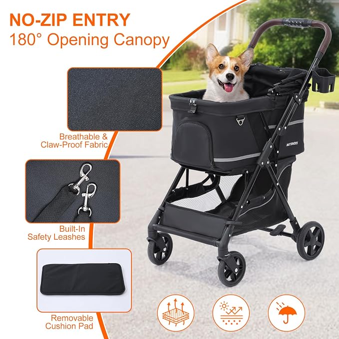 No-Zip Pet Stroller for Small Dogs & Cats, 44 lb, Black | No-Zip Canopy, 44 lb Capacity, Reflective Trim, 2 Tethers, Lockable Front Wheels, Rear Brake and One-Hand Fold