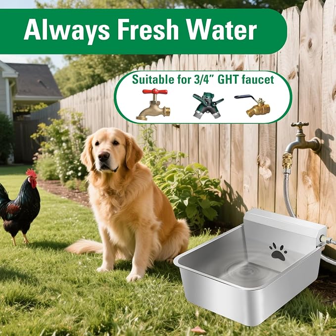 6 Gallons Automatic Animal Water Dispenser X-Large Stainless Steel | Outdoor Waterer Bowl, For Dogs & Chicken, Auto Fill Livestock Water Trough, With 2m Hose, 13.6"x17"x9"