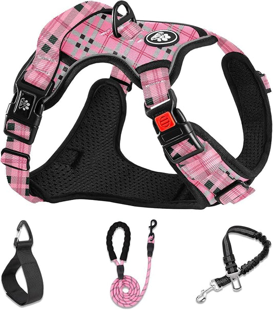 NESTROAD No Pull Dog Harness with Leash, Reflective No Choke Pet Vest Harness,Adjustable Soft Padded Dog Harness with Easy Control Handle for Large Dogs(Checkered Pink,Large)