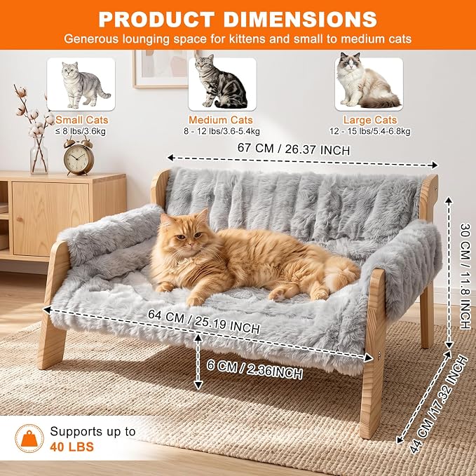 homegroove Elevated Cat Couch Bed, Wood Cat Sofa for Indoor Cats, Gray | 27"L x 18"W x 11.8"H, solid wood cat bed with removable washable cushion, available in white and gray, for cats & small dogs
