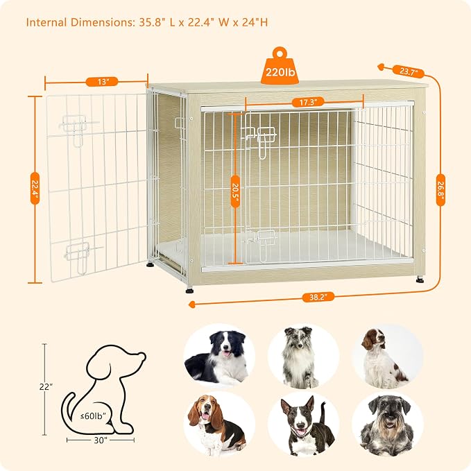 DWANTON Dog Crate Furniture with Cushion, Wooden Kennel Table with Double Doors, Indoor Dog House, Large Size, 38.5" L, White Oak