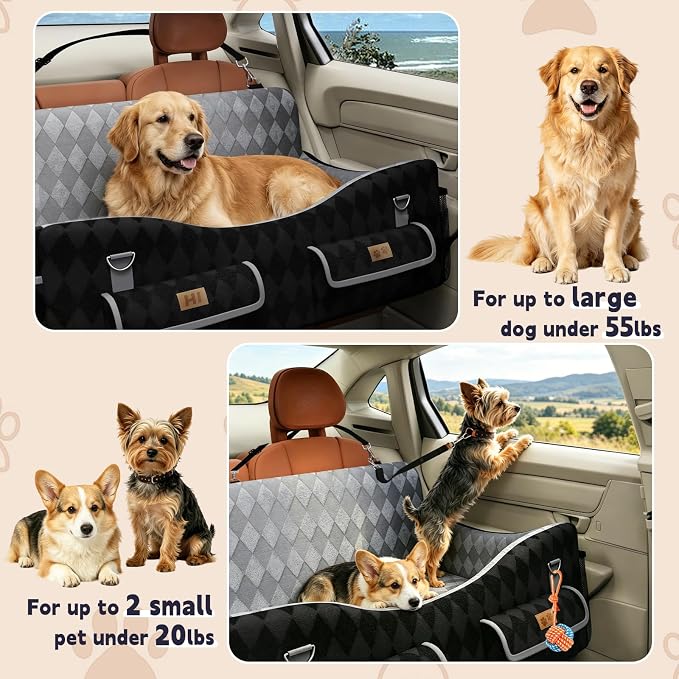 Dog Car Seat for Medium/Large Dogs up to 55lbs, 4-Pocket Storage Memory Foam Dog Booster Seat, Detachable Washable Pet Car Seat with Safety Belt, Outdoor & Indoor Use (Blue/Grey)