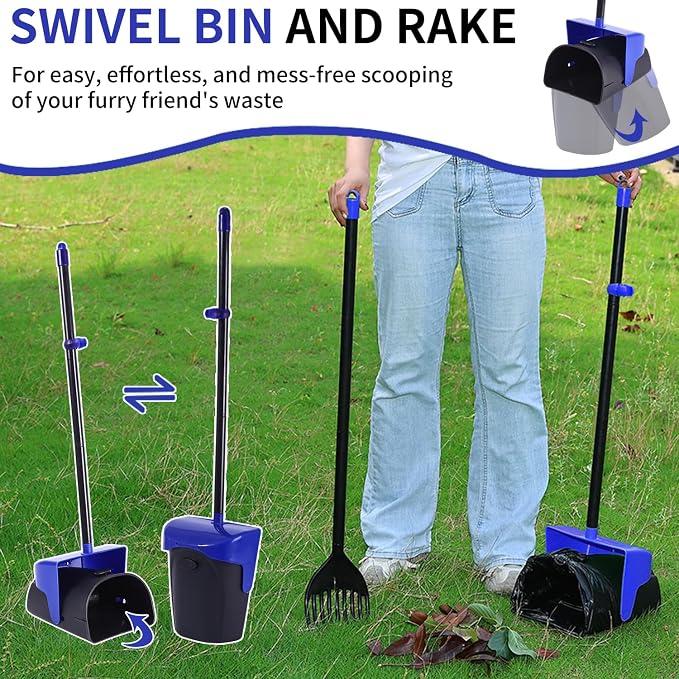 Pooper Scooper Large Swivel Bin & Rake with 160 Waste Bags,Heavy Duty Dog Pooper Scooper with Bag Attachment for Large Small Dogs, Long Handle Poop Scooper with Lid for Yard, Grass, Gravel (Blue)