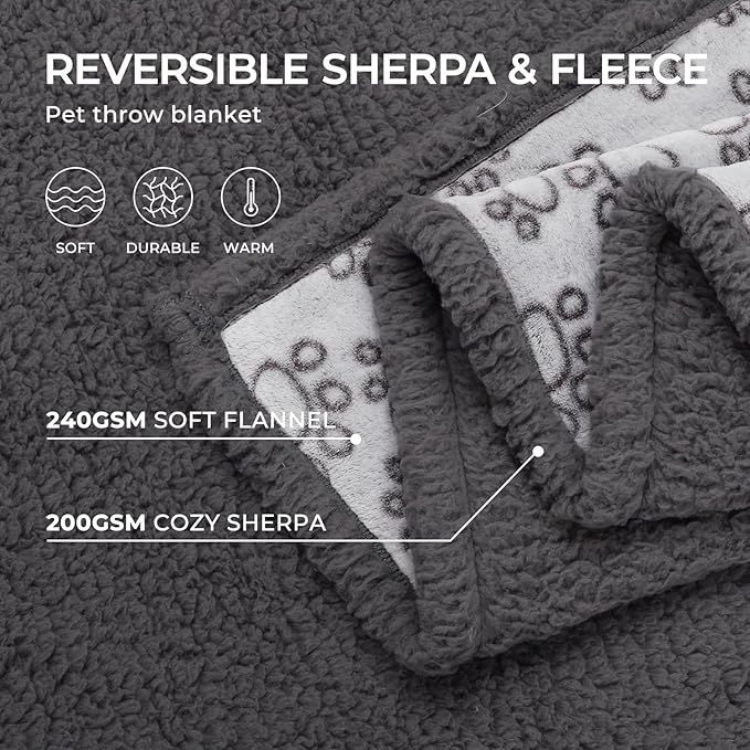 Luciphia Waterproof Pet Blankets for Couch Sofa Bed Cover Liquid Pee Proof Washable Soft Fluffy Large Dog Blanket Reversible Furniture Protection Paw Grey Medium（57" x 40"）