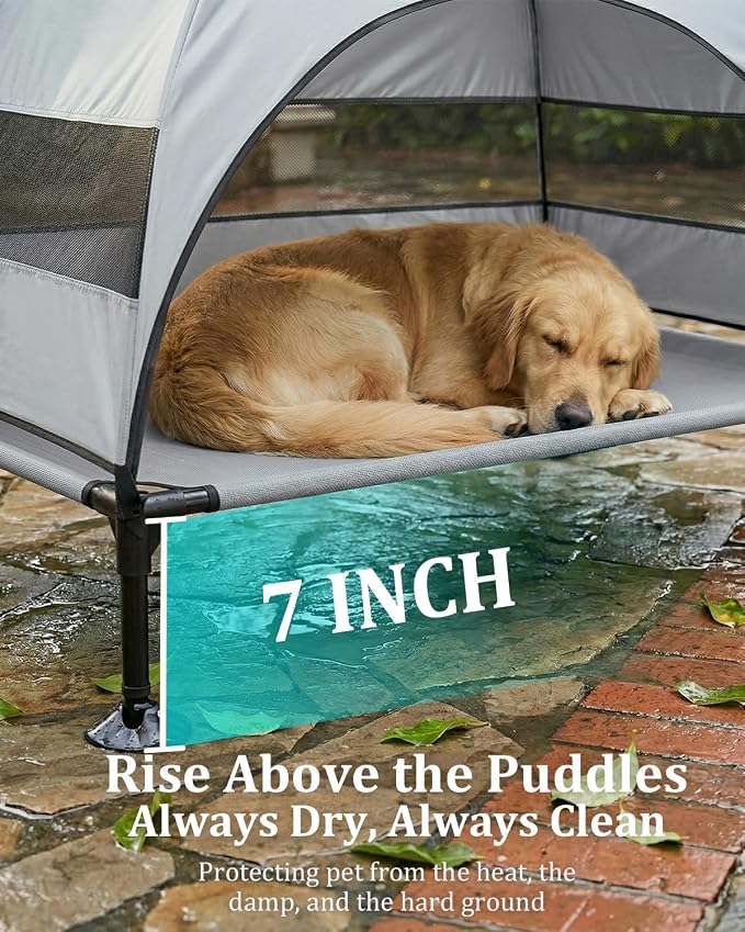 Elevated Dog Bed with Canopy - 3-Sided UV Protection Pet Tent with Wider Shade, Raised Cooling Outdoor Dog Cot with Breathable Mesh for Medium Large Dogs, Portable Pet Bed for Camping, Patio (Grey, L)