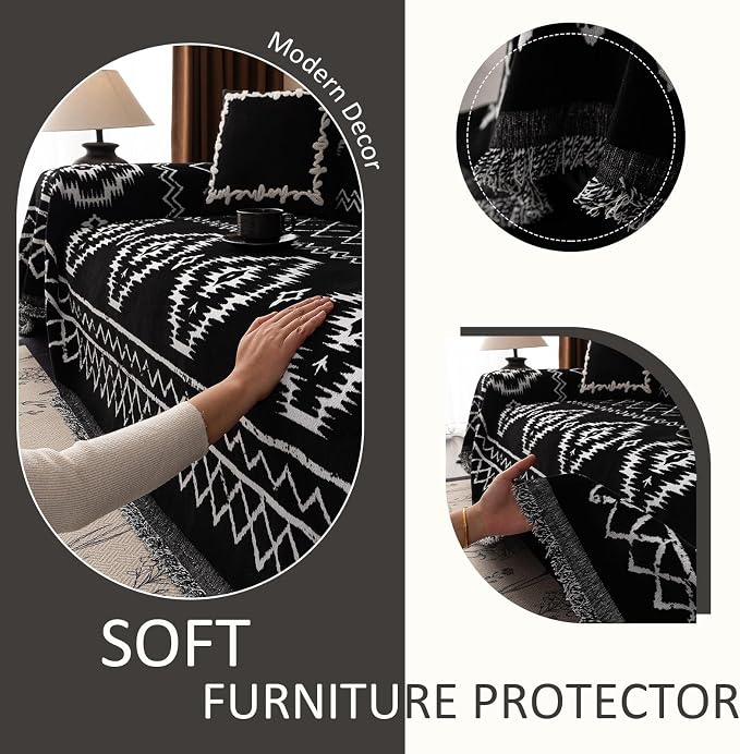 VClife Boho Couch Cover Chenille Sofa Cover for Sectional Sofa, Non Slip Couch Covers for 3 Seater Sofa Pet Friendly Sofa Protector with Tassel, Tribal Pattern Couch Slipcover, Black, 71"X134"