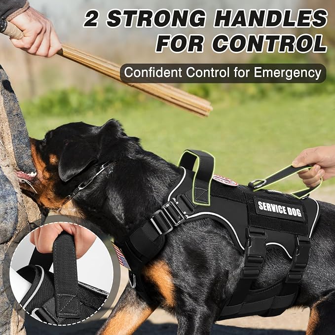 Tactical Dog Harness and Leash Set with Metal Buckles+10 Patches | Heavy Duty Service Dog Vest ,Adjustable Harness for Medium Sized Dogs,No Pull Front Back Clips,for Training Hiking,Black M
