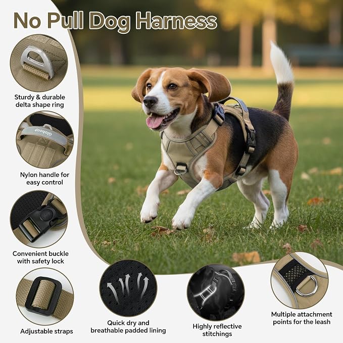 Heavy Duty Tactical Dog Harness for Small Dogs, No Pull Dog Harness with Handle & Front Clip, Reflective Soft Padded, Hook and Loop Panel, Dog Vest for Walking, Service Training, Khaki