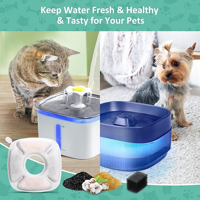 4 Pack Replacement Filters & Sponges Set for 67, 84, 95, 135oz Automatic Pet Fountain, Pet Fountain Replacement Filter, Triple Filtration Cat Water Dispenser Filters for Cats and Dogs