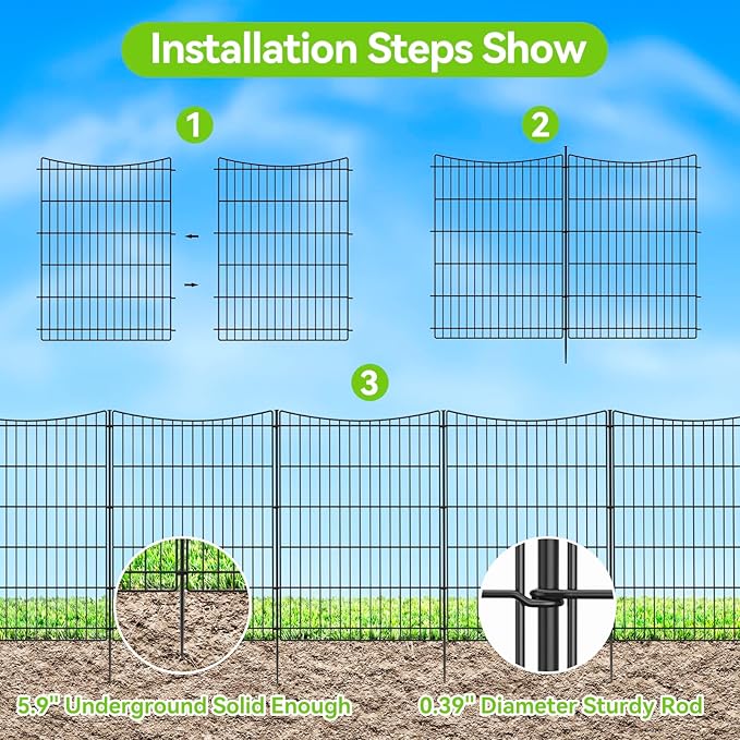 INJOPEXI Decorative Garden Fence 6 Panels 13ft(L)×36in(H) Garden Fences with 6 Panels Rustproof Metal Wire No Dig Temporary Animal Barrier Fencing Outdoor Dog Fence for Yard Patio - Without Gate