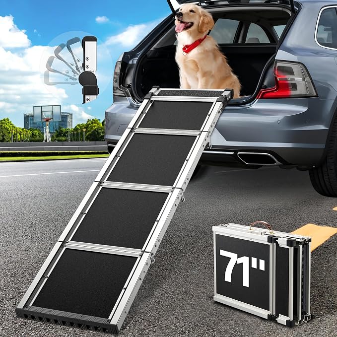 71" Aluminum Alloy Dog Ramp for Car SUV Truck Side Door, Foldable Outdoor Pet Ramp with Adjustable Support Head, Non-Slip Traction Surface, Sturdy Ramp for Large Dogs Up to 150 LBS (5 Folded)