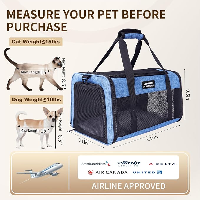 Pet Carrier Airline Approved, Soft Sided Cat Carrier for Small Pets up to 13 lbs, TSA Approved Dog Travel Bag, Portable Soft Sided Pet Carrier for Kittens and Puppies (Blue, Travel Litter Box)