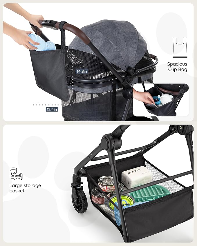3 in 1 Pet Carrier Stroller with Detachable Carrier, Foldable Dog & Cat Stroller for Small/Medium Dogs up to 33 lbs, Large Storage Bag, Full Window Mesh, One-Touch Dual Brake, Car Seat