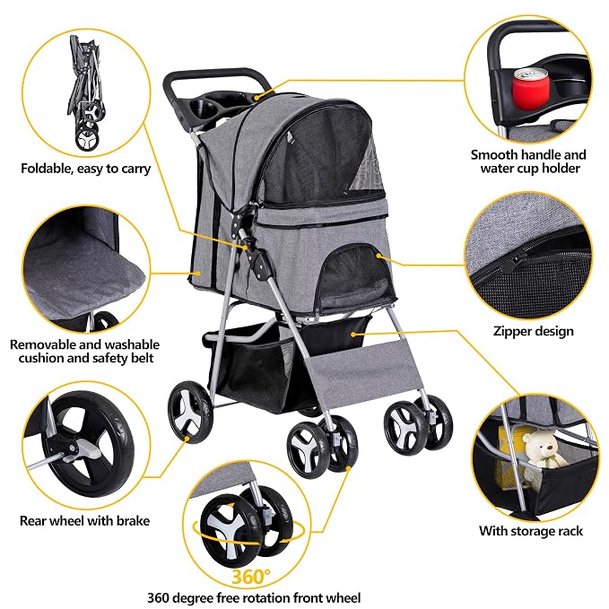 Pet Stroller for Medium Small Dogs - Easy to Walk Folding Travel Carrier Strolling Cart with Cup Holder, Weather Cover and Storage Basket (Gray)