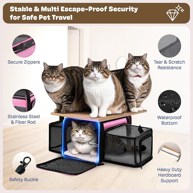 Top and 2 Sides Expandable Pet Carrier 17x11x9.5, TSA Airline Approved Small Dog Carriers for Small Dogs, Soft-Sided Cat Carrier with Self-Locking Zippers for Kitten,Rabbit, Puppy, Guinea Pig Pink