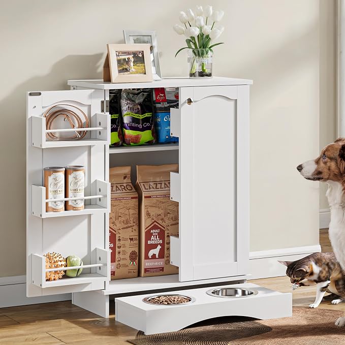 FIMELLO 31.7" High Dog Feeding Station with Feeding Bowls, Pet Organizers and Storage Adjustable Shelf, Dog Feeder Station, Pet Storage Cabinet for Cats and Dogs, White