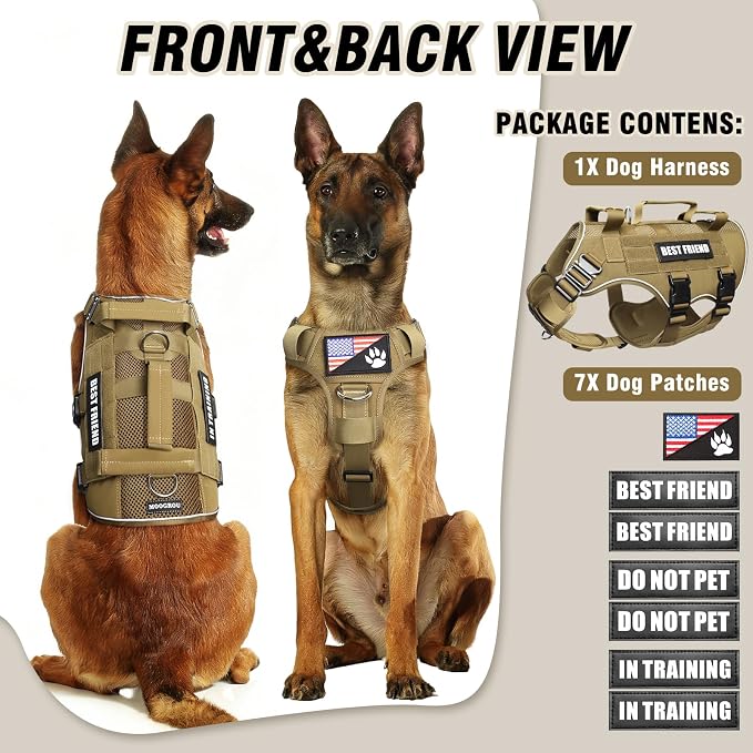 Air Mesh Tactical Dog Harness with Metal Buckles&MOLLE,Brown Medium | Breathable Adjustable No Pull Service Dog Vest with 3 Padded Handles,Military Dog Harness for Training Hiking Hunting Working