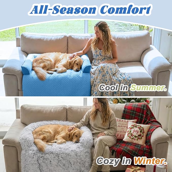 GGIB Cooling Dog Bed Mat with Bolster Pillow Washable Dog Couch Cover Breathable Summer Pet Couch Bed Protector Indoor(Large, Cooling Blue)