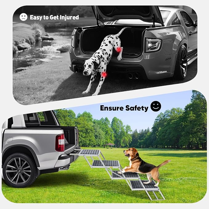 Joyrally 4-Step Dog Stairs for Car, Large Dogs, Rug with Iron Bars | 20 in extra-wide aluminum frame, rug surface and support bars for SUV and truck trunks, for senior and injured dogs
