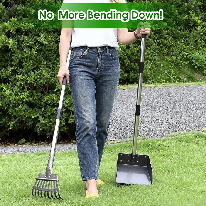 Pooper Scooper, Long Handle Pet Supplies Dog Pooper Scooper with Stainless Metal Tray and Rake for Large Medium Small Dogs Heavy Duty, Use on Grass, Dirt or Gravel