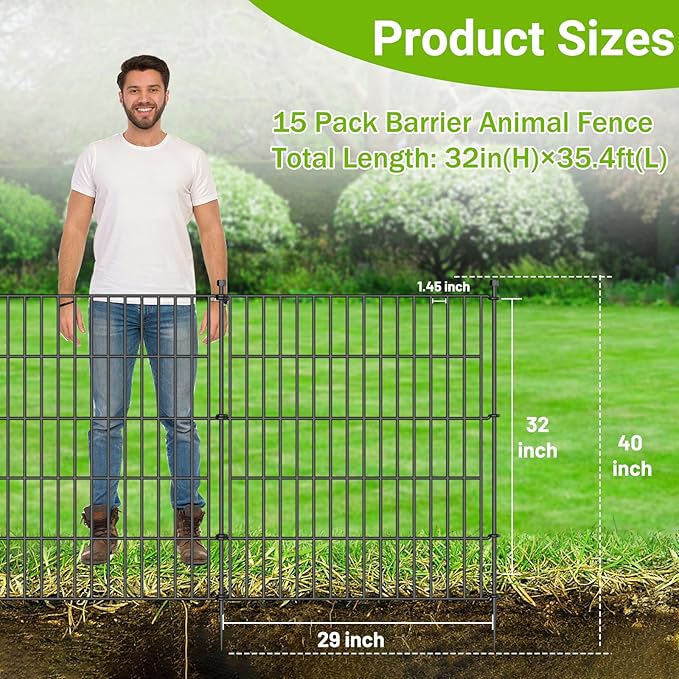 15 Panels No Dig Decorative Outdoor Garden Fence with Gate for Yard, 32 in(H) X 35.4 ft(L) Animal Barrier Fencing Rustproof Metal Wire Panel Border for Dog, Rabbits, and Patio Temporary Ground Stakes