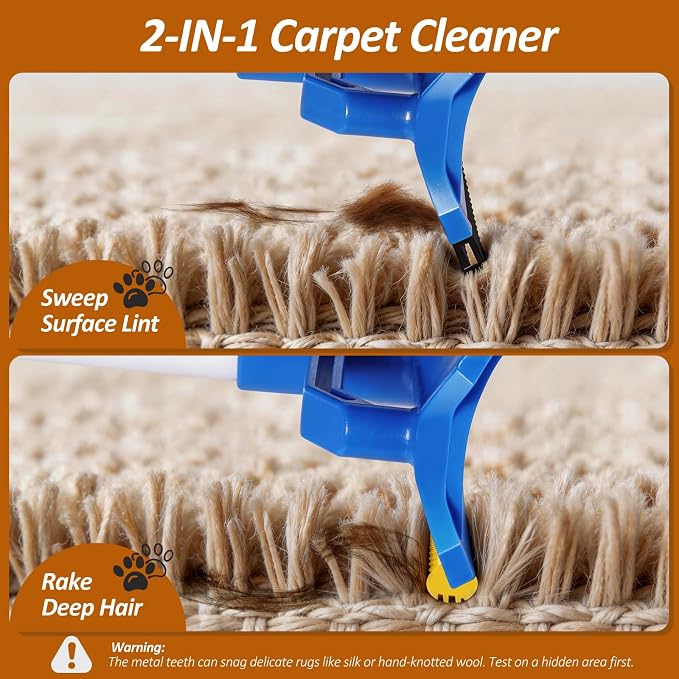 Topmart Carpet Rake with 60" Long Adjustable Handle | 2-in-1 Pet Hair Remover for Rugs Mat & Furniture,Reusable Carpet Scraper for Dog Cat Shedding Fur,Includes Silicone Pet Brush