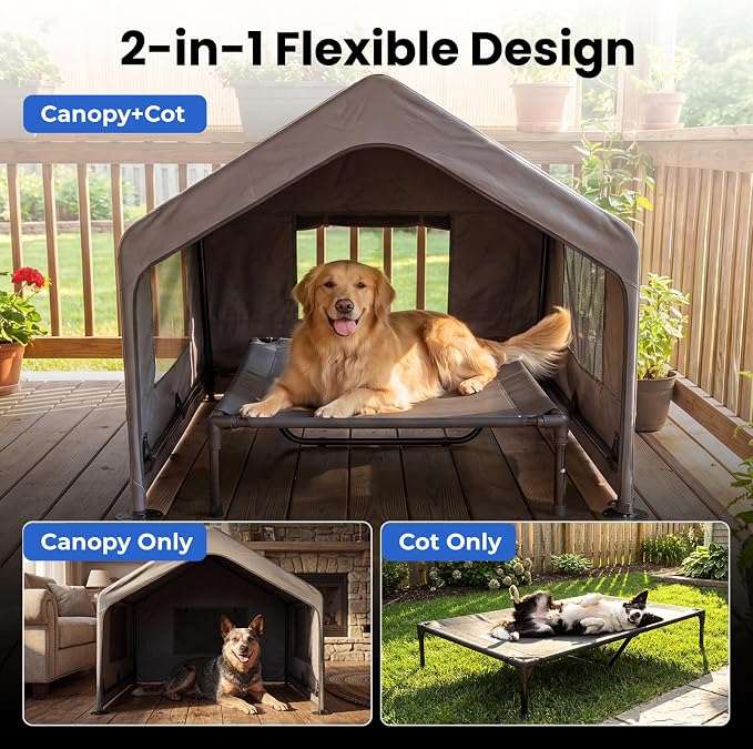 Zooba Extra Large Dog Shade with Elevated Bed, Outdoor Dog House Waterproof | 4’×4’×3.3’ Dog Shelter with Canopy, Dog Tent for Outside, 2-in-1 Separate Design, Grey