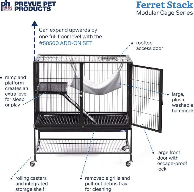 Prevue Pet Products Ferret Stack One Story Ferret Home - Portable Stand, Escape Proof Lock, Includes Hammock & Ramp, Expandable Add-On Cage Stacking System with Wheels - Black