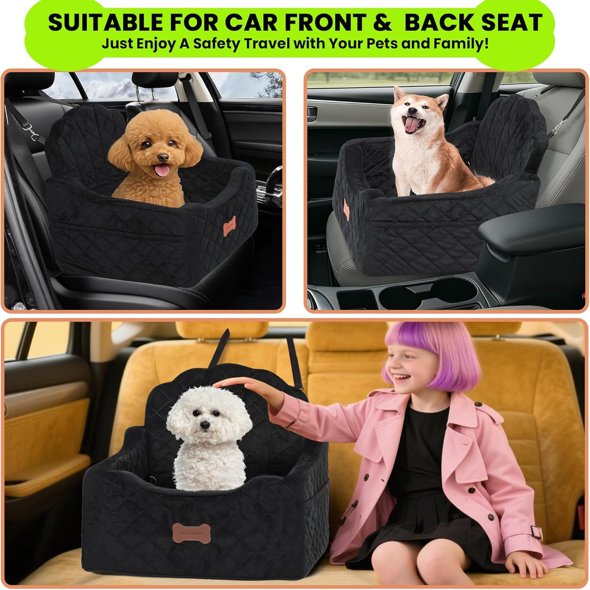 Dog Car Seat for Small Dogs Under 30lbs, Detachable Washable Pet Booster Seat with Safety Belt & Storage Pockets, Travel Car Bed, Black