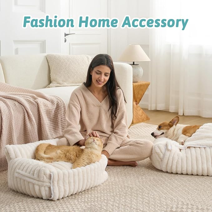 COZY KISS Cute Cat Bed with Removable Cover, Multifunctional Plush Faux Fur Pet Couch Bed with Blanket, Ultra-Soft Pet Furniture for Cats & Small Dogs (Cream, S: 25''x18'')