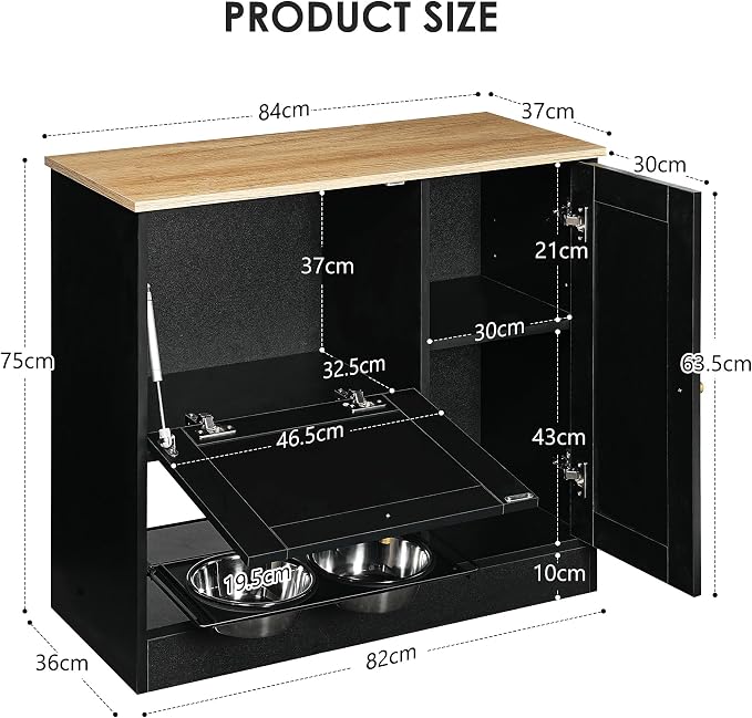Feeding Station with 2 lockers, pet Feeding Station with 2 Elevated Dog Bowls, Side Hooks, Anti-Tipping kit, Hidden pet Feeding Station for Feeding and Watering, Rattan Door, Black