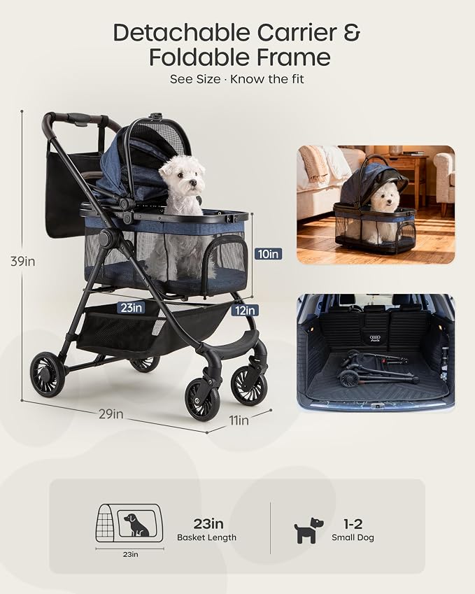 3 in 1 Pet Carrier Stroller with Detachable Carrier, Foldable Dog & Cat Stroller for Small/Medium Dogs up to 33 lbs, Large Storage Bag, Full Window Mesh, One-Touch Dual Brake, Car Seat