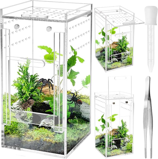 Mini Spider Enclosure, Windspeed 3x3x6’’ Acrylic Terrarium with Ventilation Jumping Spider Enclosure Cage Portable Micro Habitat Terrarium for Tarantula Lizards Gecko with Tongs, Dropper