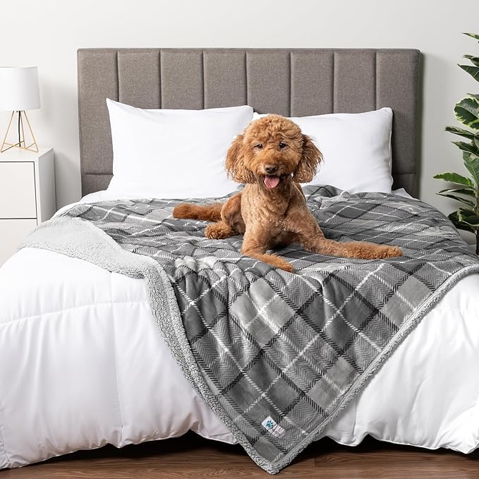 PetAmi Waterproof Dog Blanket for Medium Large XL Dog Puppy Cat Throw for Couch Cover Leakproof Protection, Sherpa Fleece, Reversible Soft Washable 80x60 Plaid Light Gray