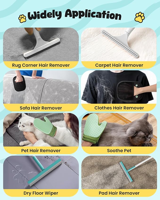 Carpet Rake for Pet Hair Removal Tool - 4 in 1 Pet Hair Remover Kit for Dog Cat Fur Remover, Contain 60" Adjustable Rubber Broom, Glove, Magic Brush and Scraper for Furniture (Blue)