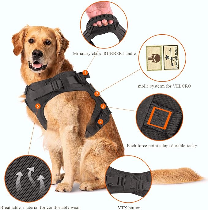 Tactical Dog Vest Harness, Outdoor Training Service Dog Vest Adjustable Military Working Dog Vest with Molle System and Rubber Handle Large (Pack of 1) Black