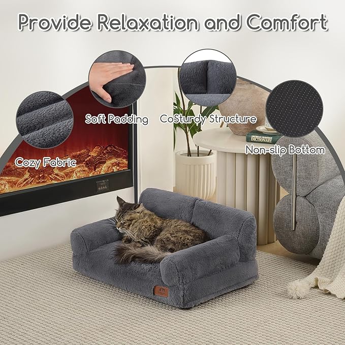 Hollypet Small Dog Large Cat Bed Puppy Couch Beds for Pets up to 25 lbs | Fluffy Dog Cat Couch Plush Soft Warming Pets Beds with Machine Washable Cover and Non-Slip Bottom