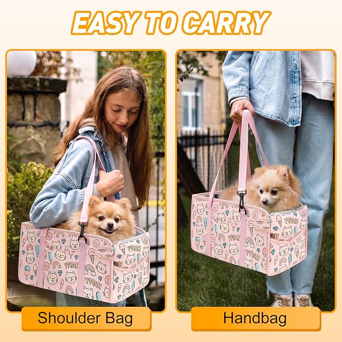 Console Dog Car Seat for Small Dogs, Foldable Booster Seat, Pink Kitten | Portable Booster Seat Sits On Car Console/ Armrest. Foldable for Easy Storage. for Center Console, Easy To Clean.