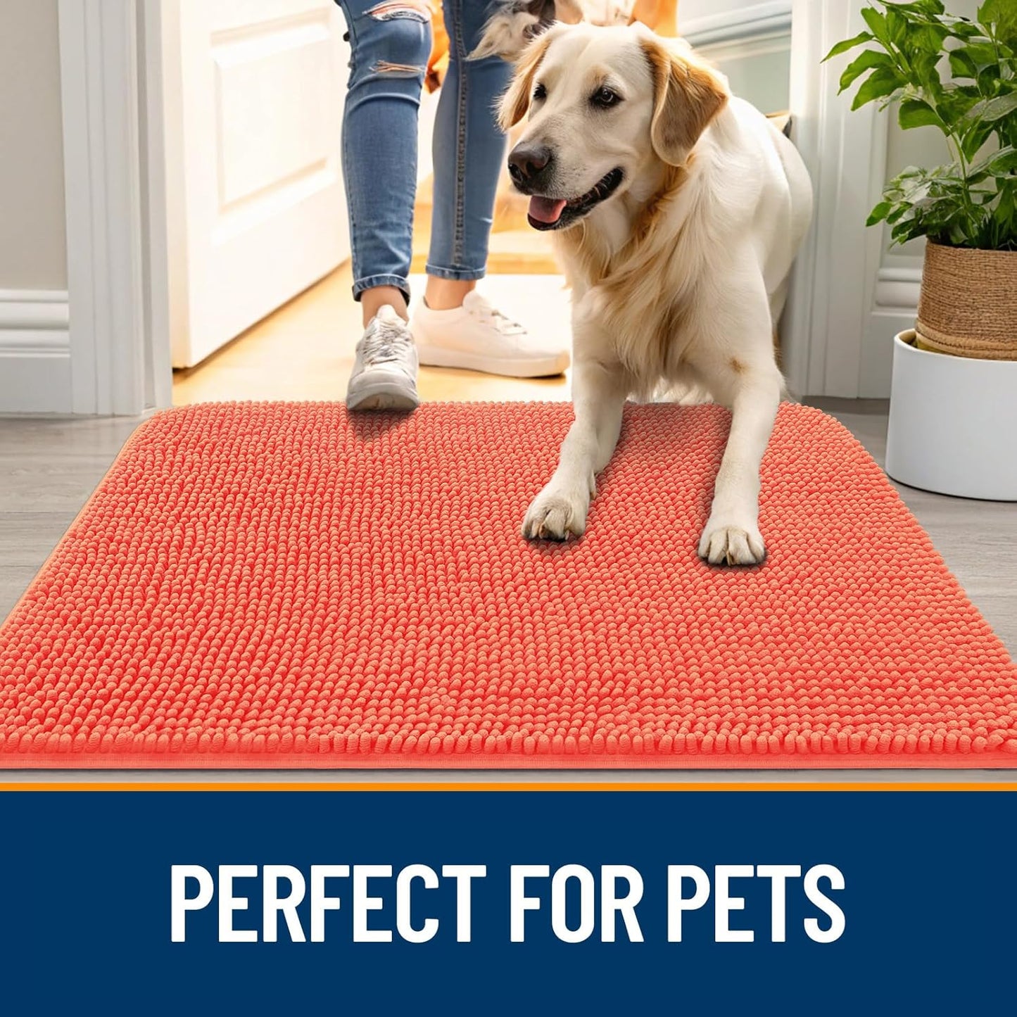 OLANLY Dog Door Mat for Muddy Paws 59x32, Absorbs Moisture and Dirt, Absorbent Non-Slip Washable Doormat, Quick Dry Chenille Mud Mat for Dogs, Entry Indoor Entryway Carpet for Inside Floor, Coral