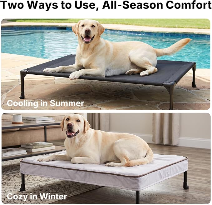 Veehoo Outdoor Elevated Dog Bed with Washable & Waterproof Cushion, Cooling | Large Raised Dog Cot with Removable Cover, Brethable Mesh, Orthopedic Pet Bed for Indoor & Outdoor, 53" x 37", Dark Grey
