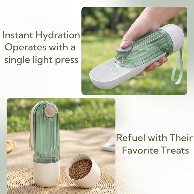 Portable Dog Water Bottle with Food Container, 2-in-1 Pet Water Dispenser & Travel Bowl, Leak-Proof Puppy Water Bottle for Small Dogs & Cats, Perfect for Walking, Hiking, Dog Mom Gifts（Green