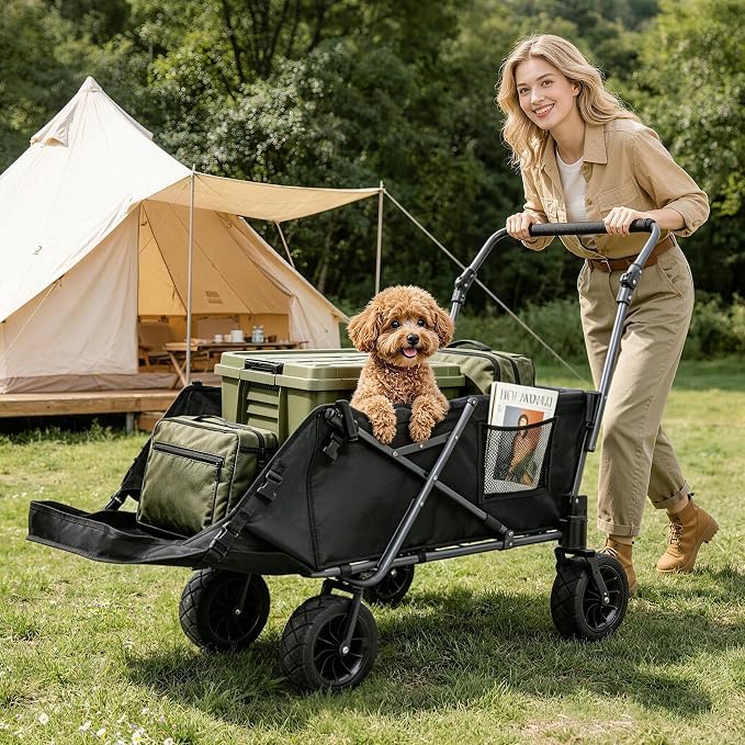 REDCAMP Folding Dog Wagon for Large Dogs, 110lbs Heavy Duty Pet Stroller | 17.3" Extendable Rear Ramp for 2 Medium Dogs, All-Terrain Dog Cart with Brakes & Push Handle for Senior Pet, Black