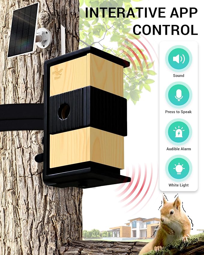 Kicari Bird House with Camera 2K HD, Solar & Battery Powered, Dual Night Vision, PIR Motion Sensor, Two-Way Audio, WiFi App Control, Smart Weatherproof Wooden Bluebird Nest Box for Outdoors, Natural