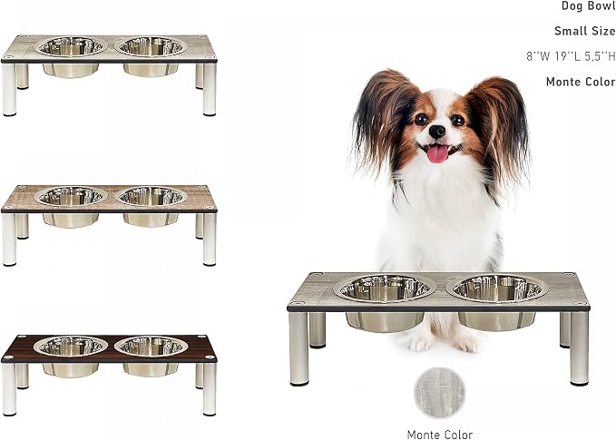Raised Pet Bowls for Cats and Dogs, Outdoor Elevated Dog Cat Food and Water Bowls Stand Feeder on Aluminum Legs with 2 Stainless Steel Bowls Sizes for Small Medium and Large Dogs. - Small (Monte)