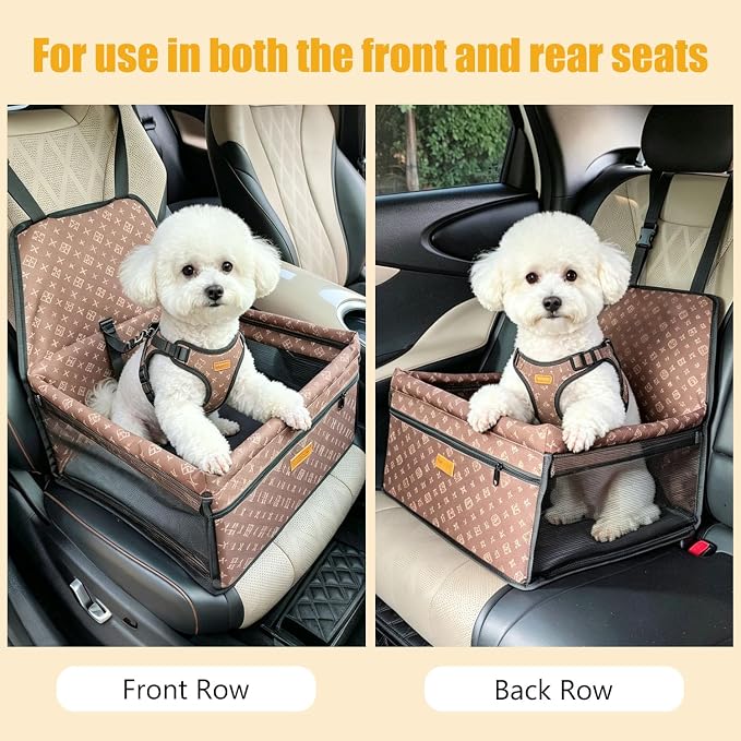Pet Dog Booster Seat, Upgrading the Framed wall to Prevent Collapse，Breathable and Foldable Pet Car Basket，Removable andWashable pet car seat (Brown)
