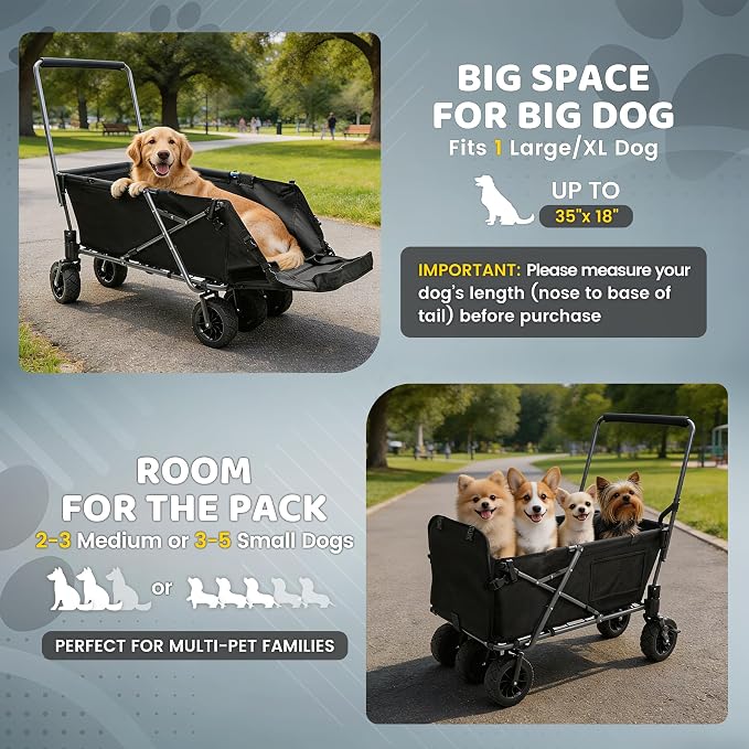 REDCAMP Folding Dog Wagon with Canopy, 150lbs Dog Stroller with 6 Wheels | Collapsible Utility Cart with 17.3" Extendable Ramp for 2 Medium Dogs Large Dog, All-Terrain Wheels with Brake for Senior Pet