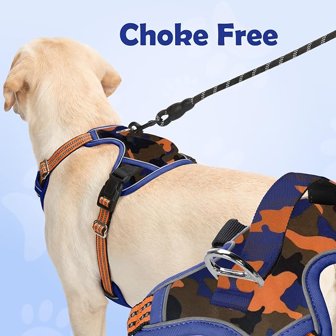 Dog Harness No Pull, Adjustable Pet Vest Harness, Super Soft Material with Vertical Handle Easy Control, Reflective Night Walking, 2 Leash Clips for XLarge Dogs, Camo Orange, XL